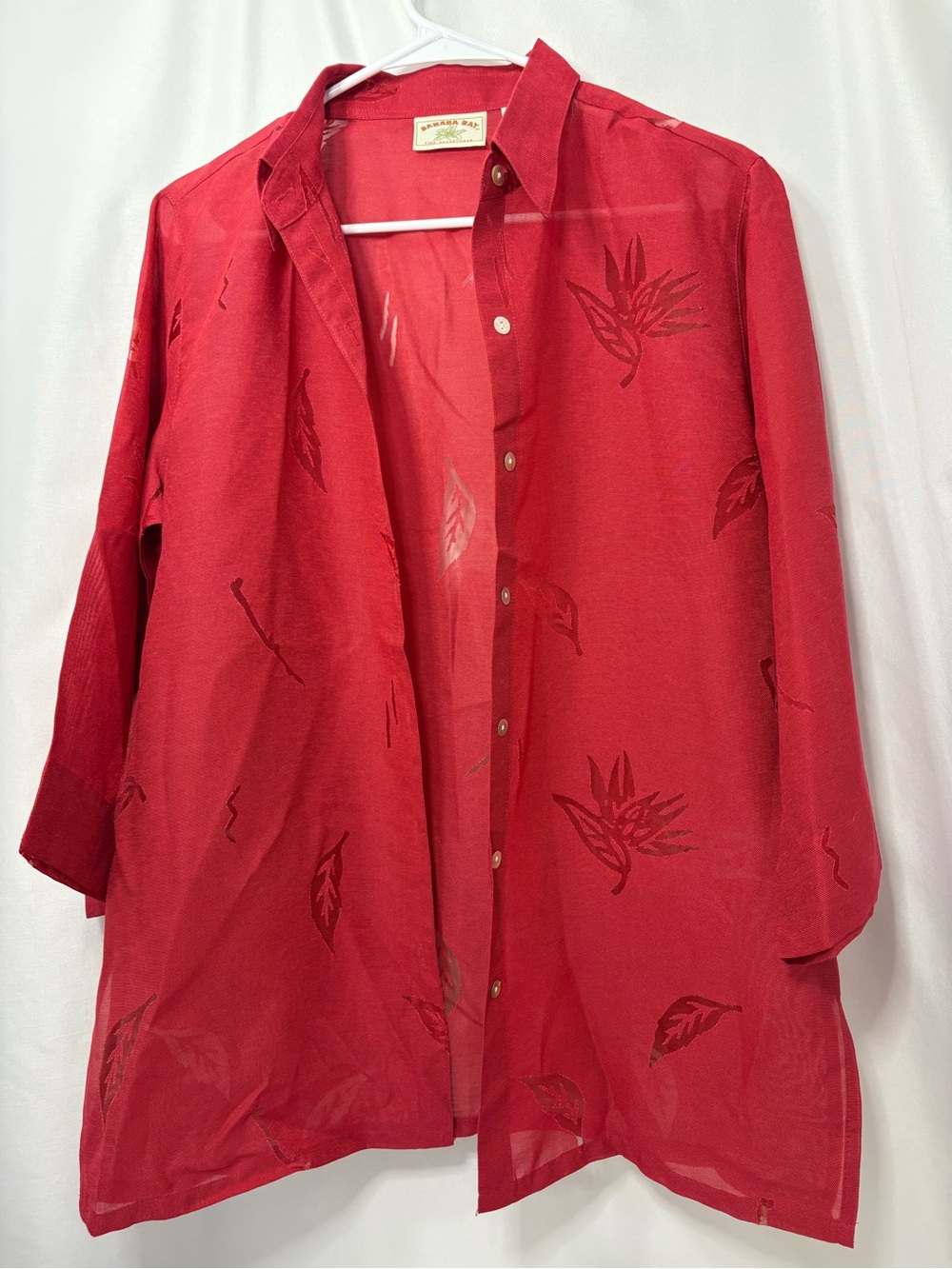 Banana Bay Women’s Red Sheer Button-Down Shirt with Subtle Leaf Motif Size L